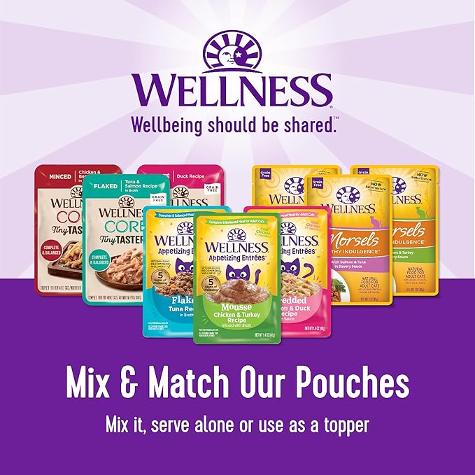 Wellness Healthly Indulgence Shreds Adult Wet Cat Food, Natural, Protein-Rich, Grain Free, 3 Ounce Pouch, 24 Pack, (Chicken & Turkey)