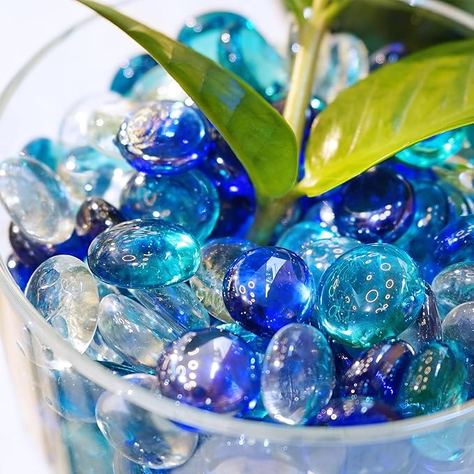 5LB Blue Mix Flat Glass Marbles for Vases, Mancala Stones Gemstone Beads Vase Filler Decorative Glass Pebbles for Fish Tank, DIY Crafts, Aquarium Decor Rocks