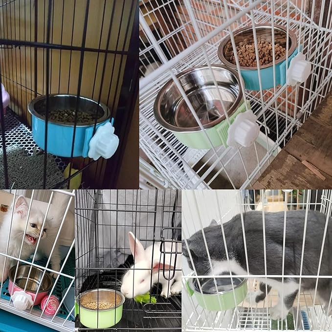 kathson Crate Dog Bowl, Removable Stainless Steel Hanging Pet Cage Bowl Food & Water Feeder Coop Cup for Cat, Puppy, Birds, Rats, Guinea Pigs 2pcs(Blue,Pink)
