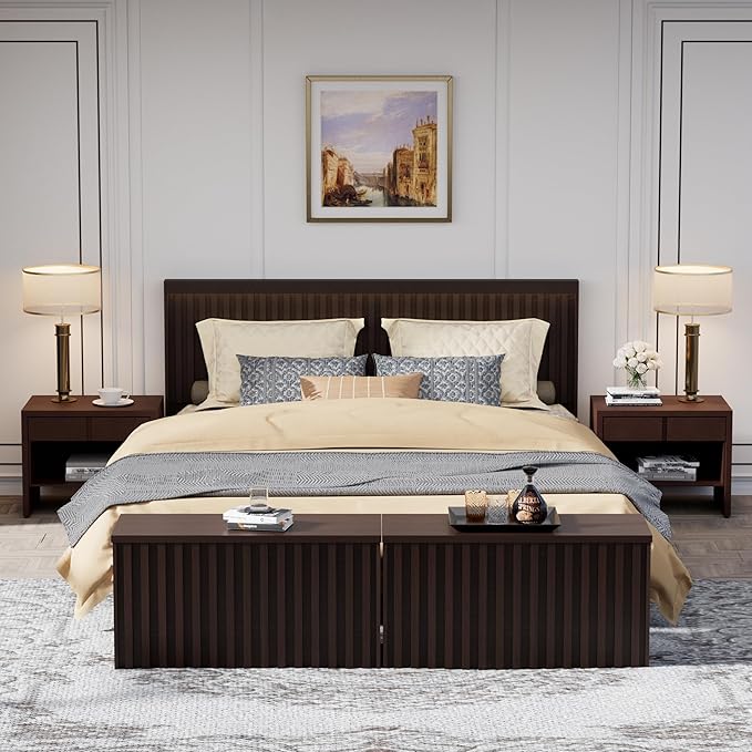 UEV Storage Bench Set of 2, 39.4" Wood Storage Trunk with 2 Safety Hinges, Sturdy Storage Chest, Fluted Wood Leg, Walnut
