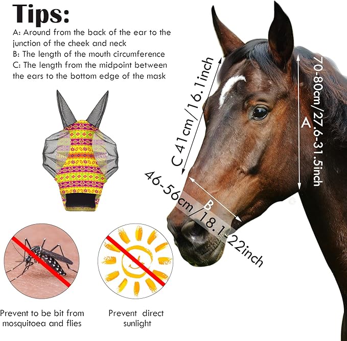 Qualirey12 Pieces Horse Fly Mask Bulk Comfortable Elasticity Mask for Horses with Ears Net UV Protection Breathable Horse Supplies Face Covering for Horse Pony and Foal (Geometric Patterns, Medium)