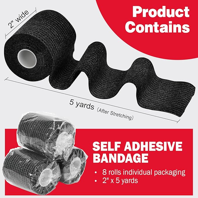 AZEN 8 Pack Self Adhesive Bandage Wrap, 2" X 5 Yards Elastic Cohesive Bandage Wrap, Black Athletic Tape, Vet Wrap, Ankle Tape, Tattoo Grip Tape Wrap