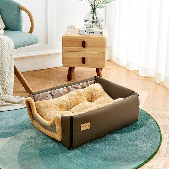 Jiupety Indoor Dog House, 2 in 1 Portable Foldable House Bed with Cover, Pet Tent & Cave Bed for Cats and Small Dogs, M(18"×14"×13"), Up to 9 Lb, Brown