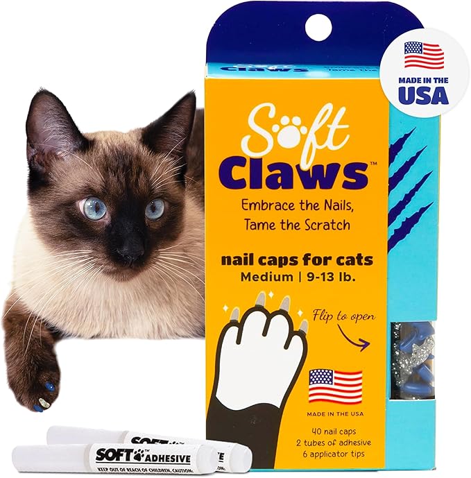 Soft Claws Cat Nail Caps for Medium Cats – (40 Caps, Blue & Silver) - Made in USA - Veterinarian-Developed | Protects Furniture & Skin - Easy to Apply, Long-Lasting Anti-Scratch Soft Cat Claw Covers