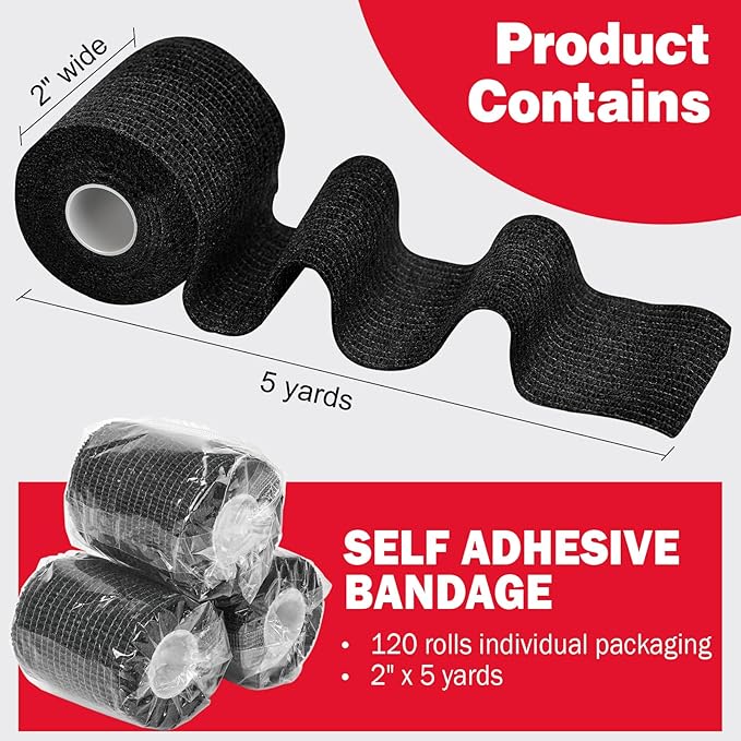 AZEN 120 Pack Self Adhesive Bandage Wrap Black, 2" X 5 Yards Black Athletic Tape, Vet Wrap, Ankle Tape, Cohesive Bandage Wrap