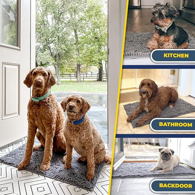 Muddy Mat® 2-in-1 Set: AS-SEEN-ON-TV Grey Microfiber Door Mat (30"X19") & Doggy Dryer Plush Shammy Towel - Non-Slip, Washable & Highly Absorbent Solutions for Soggy Paws & Clean Floors
