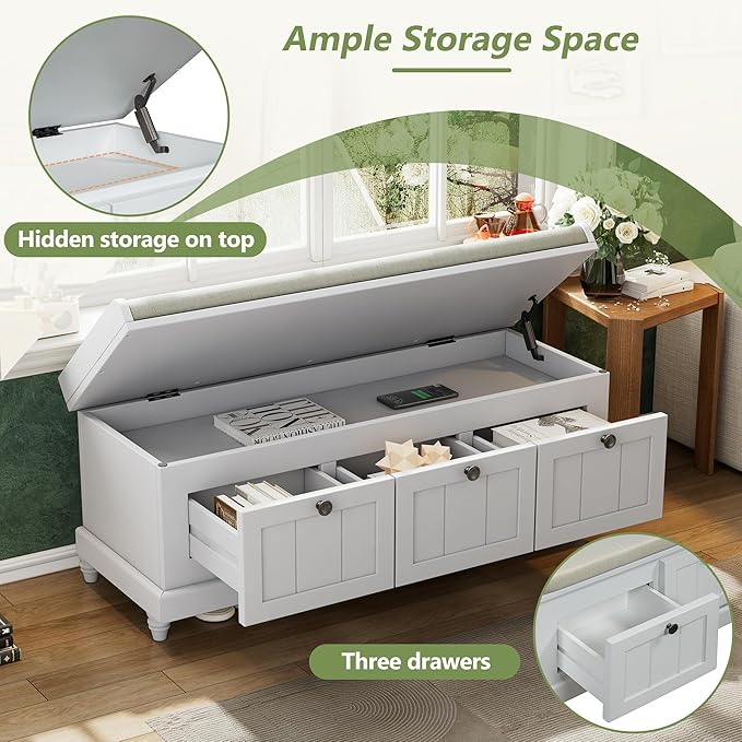 Classic Shoe Storage Bench with Cushion and Three Drawers, Fluted Entryway Bench with Storage for Entryway, Living Room, Hallways 44.0" L x 15.9" W x 18.9" H Gray Wash