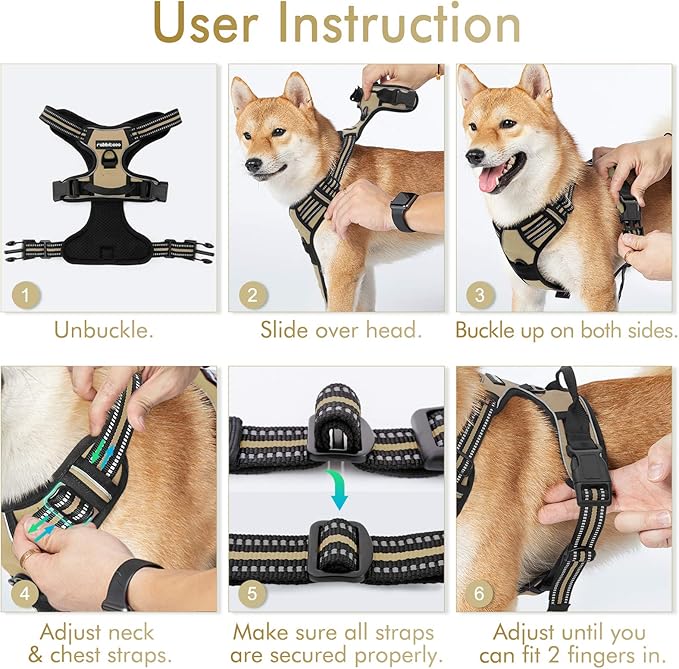 rabbitgoo Dog Harness No Pull with 2 Leash Clips, Adjustable Soft Padded, Reflective Oxford No Choke Pet Vest with Easy Control Handle for Medium Sized Dogs, Beige, M