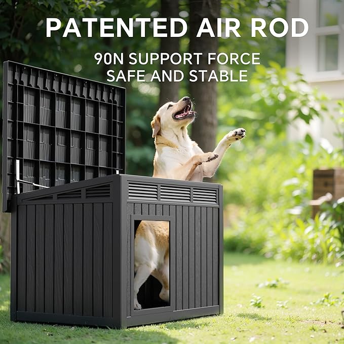 VIXZEN Dog House Indoor Outdoor,Waterproof Dog House for Small to Large Dogs,Doghouse with Air Vents and Elevated Floor,Openable at The Top,Easy to Assemble and Clean,Black,42.87"×32.95"×31.61"