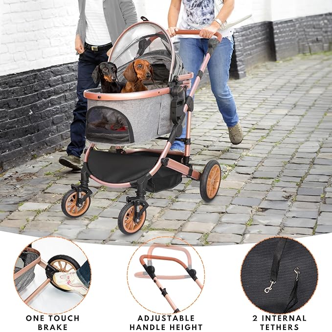 Pet Stroller with 4 Wheels, Foldable Pet Travel Carrier for Small/Medium Dogs Cats up to 50lbs, Detachble Portable Pet Bag, Storage Basket, Car Seat 3 in 1 Multifunctional (Grey)