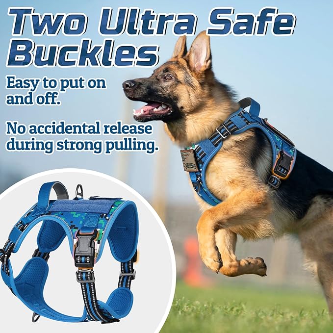 rabbitgoo Tactical Dog Harness for Large Dogs, No Pull Military Service Vest with Handle & Molle, Easy Control for Training Walking, Adjustable Reflective Straps, Blue Camo, L