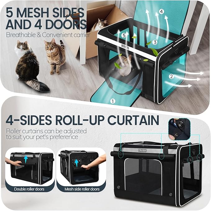Petskd Extra Large Cat Carrier for 55LBS Pet Car Travel with Litter Box, 24"x17"x17" Soft Large Cats or Medium Dog Carrier with 5 Breathable Mesh Windows and Locking Zippers for Long Distance(Black)