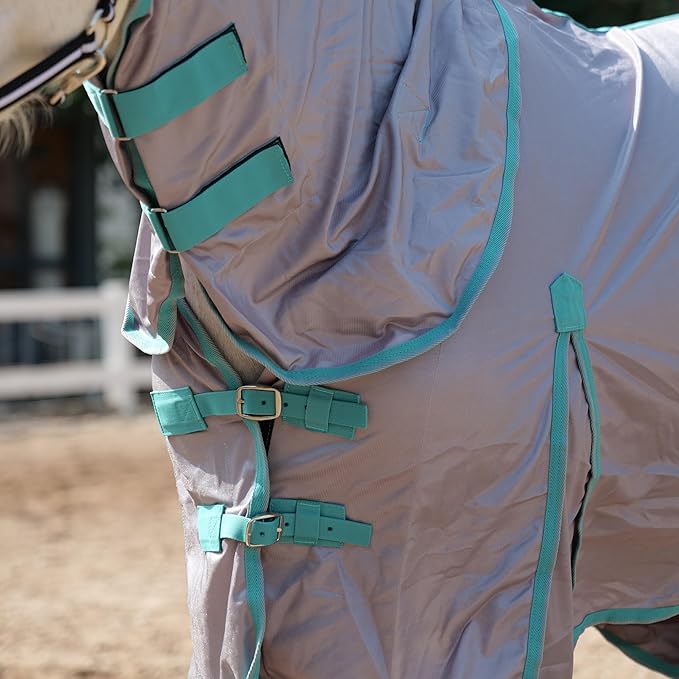 Horse Fly Sheet with Detachable Neck Cover & Belly Wrap, Adjustable Fly Sheet for Horses, Ventilated Airflow Mesh Equine Cooling Summer Flysheet Grey 72
