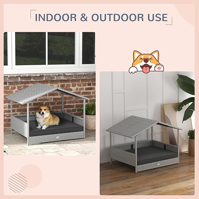 PawHut Wicker Dog House Outdoor with Canopy, Rattan Dog Bed with Water-Resistant Cushion, Raised Dog Bed for Small, Medium Dogs up to 66 lbs, 19.75" in Length, Silver Wicker, Gray Cushion