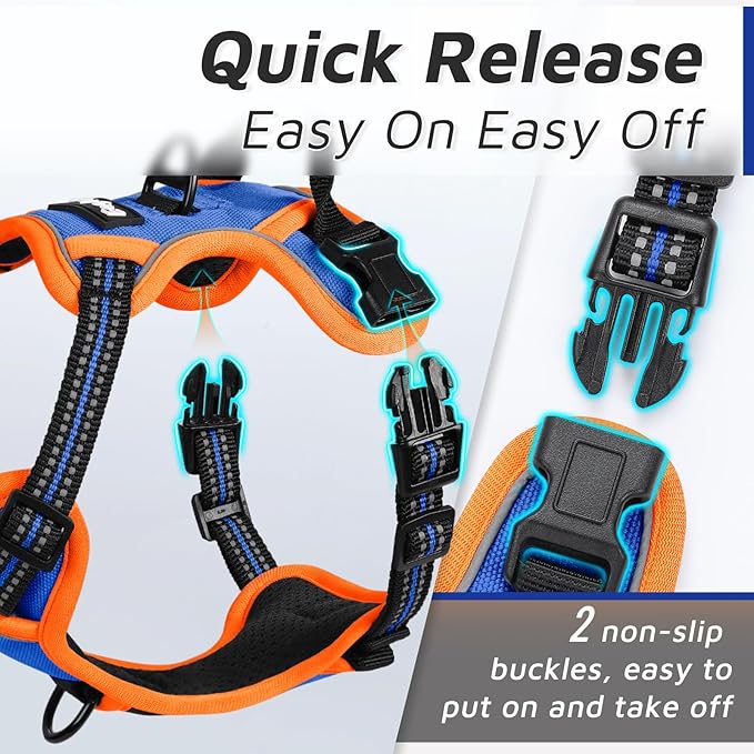 Eagloo Small Dog Harness No Pull, Service Vest with Reflective Strips and Control Handle, Adjustable and Comfortable for Walking, No Choke Pet Harness with 2 Metal Rings, Blue & Orange, XS