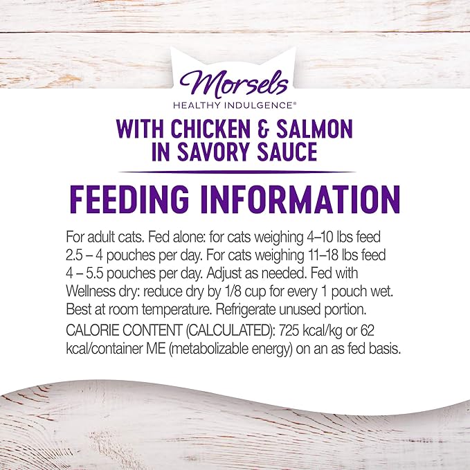 Wellness Healthly Indulgence Morsels Adult Wet Cat Food, Natural, Protein-Rich, Grain Free, 3 Ounce Pouch, 24 Pack, (Chicken & Salmon)