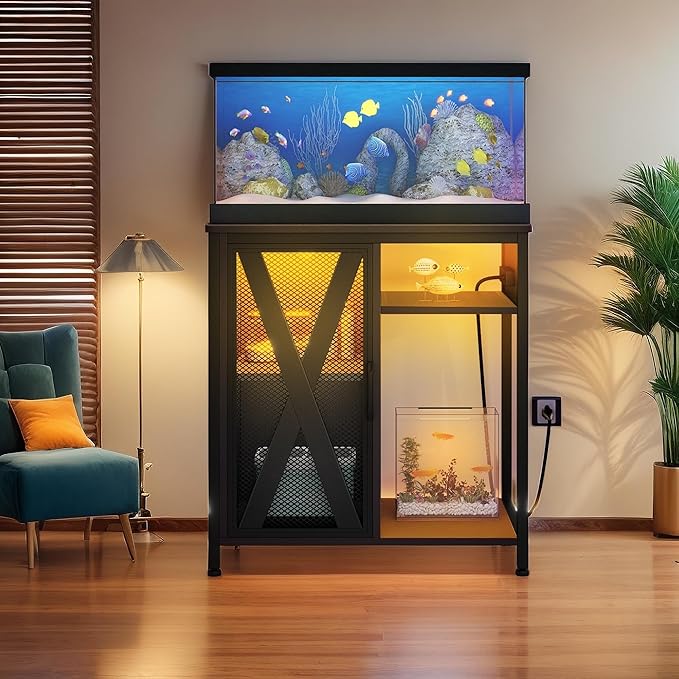 YITAHOME Fish Tank Stand with Power Outlets & LED Light, 20-29 Gallon Metal Aquarium Stand with Cabinet for Fish Tank Accessories Storage for Turtle Tank, Reptile Terrarium, 350LBS Capacity, Black