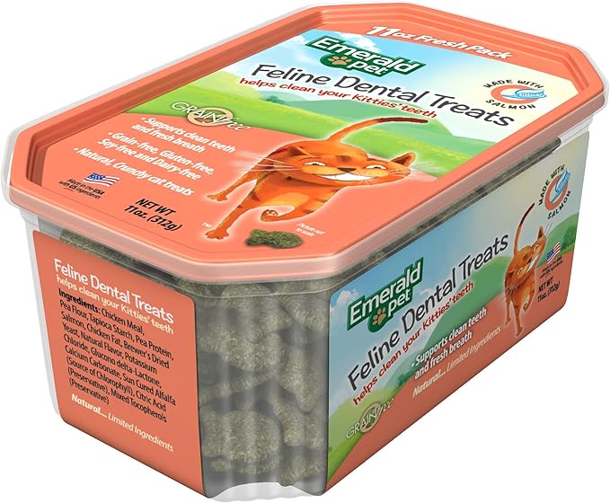 Feline Dental Treats — Tasty and Crunchy Cat Dental Treats Grain Free — Natural Dental Treats to Clean Cat Teeth, Freshen Cat Breath, and Reduce Plaque and Tartar Buildup — Salmon Treats, 11 oz