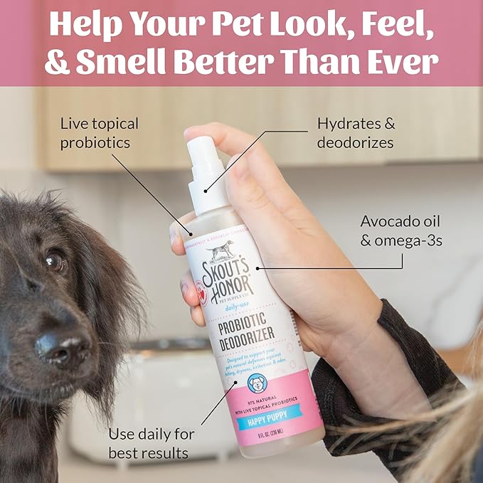 SKOUT'S HONOR Probiotic Deodorizer Spray for Pets- Hydrating Daily-Use with Avocado Oil & Omega-3s, Microbiome Friendly Certiified, Paraben & Sulfate-Free, 97% Natural, 8oz, Happy Puppy