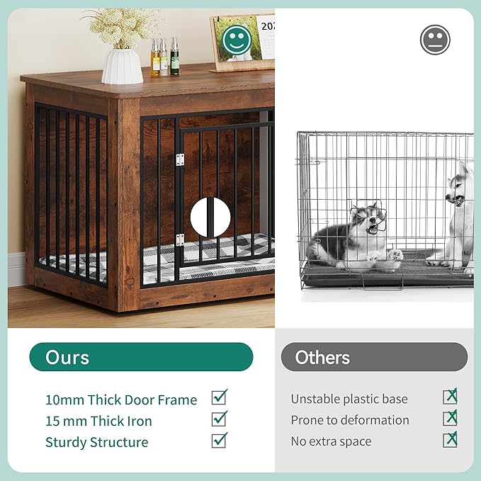 YITAHOME 76 Inch Double Dog Crate Furniture, XXL Dog Crate Furniture for 2 Dogs, Side End Table, Waterproof, Safety Corners, 2-in-1 Iron-Wood Fusion Dog Kennel Furniture for 2 Large Dogs,Rustic Brown