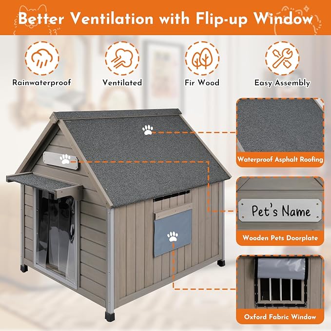 Outdoor Dog House Weatherproof Large Wooden Dog Kennel Indoor for Small Dogs with Chew-Proof Frame, Oxford Fabric Window, Removable Floor Pet Shelter (Grey, 30.5" D x 37.4" W x 39.3" H)