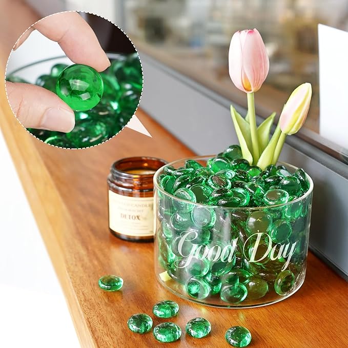 1LB Green Flat Glass Marbles for Vases, Gemstone Beads Vase Filler Decorative Glass Pebbles for Fish Tank, DIY Crafts, Aquarium Decor Rocks
