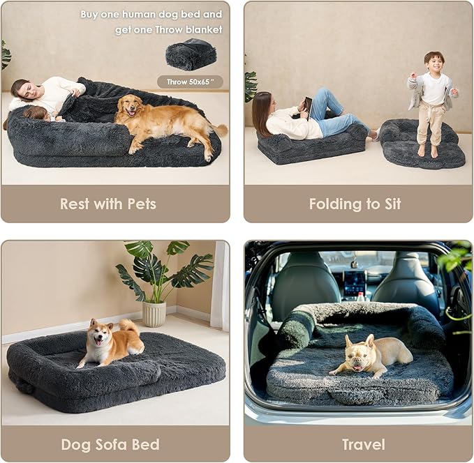 EHEYCIGA Human Dog Bed for Kids, Foldable XXL Dog Bed, Faux Fur Fluffy Pet Couch Bed, Orthopedic Calming Memory Foam Big Pet Bed, Washable Pet Sofa Bed with Non-Slip Bottom, Dark Grey, 54"x38"x7.5"
