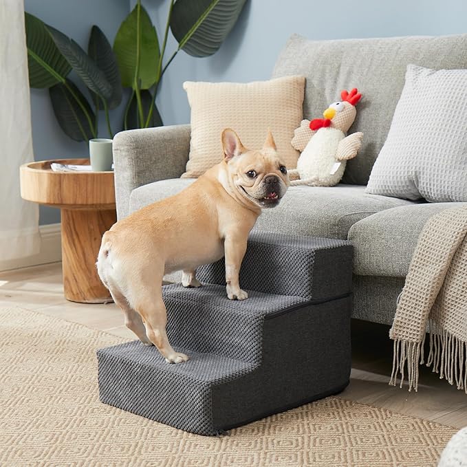 EHEYCIGA Dog Stairs for Small Dogs 13.5" H, 3-Step Dog Steps for Couch Sofa and Chair, Pet Steps for Medium Cats, Non-Slip Balanced Pet Ramp Indoor, Grey
