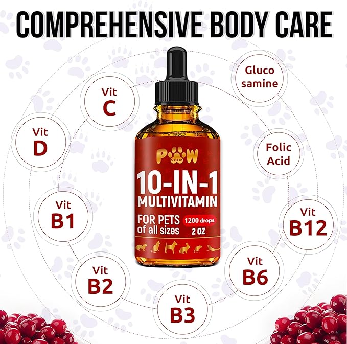Liquid Multivitamin for Dogs – Daily Glucosamine, Vitamin B, C & D3 Support – Cat Vitamins for Indoor Cats to Care for Joints & HIPS, Skin & Coat, and Gut – Help with Allergies & UTIs – 2 Oz
