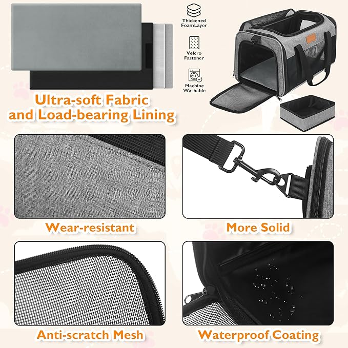 PETUX TSA Approved Pet Carrier in Cabin, 17"x11"x9.5" Soft Cat Carriers for Small Cats up to 12 lb, Top-Open Portable Dog Carrier with Litter Box and Anti-Scratch Mesh for Puppy up to 10 lb (Grey)