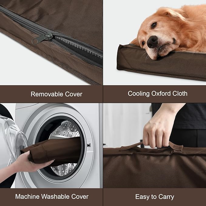 Outdoor Dog Bed Waterproof, Outside Cooling Dog Bed for Medium Dogs, Orthopedic Egg Foam Pet Bed with Removable Washable Oxford Cover, Brown