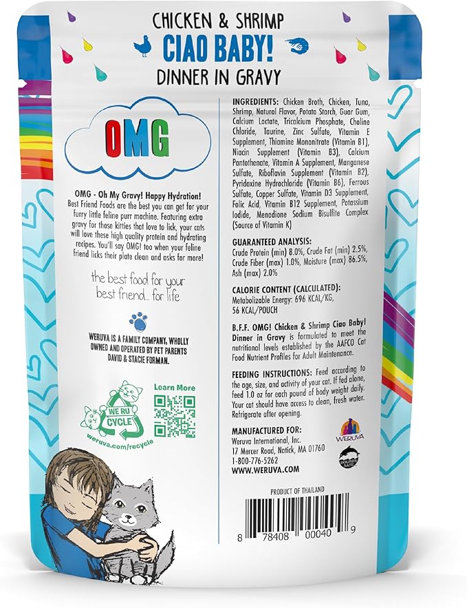 Weruva B.F.F. OMG - Best Feline Friend Oh My Gravy!, Ciao Baby! with Chicken & Shrimp in Gravy Cat Food, 2.8oz Pouch (Pack of 12)