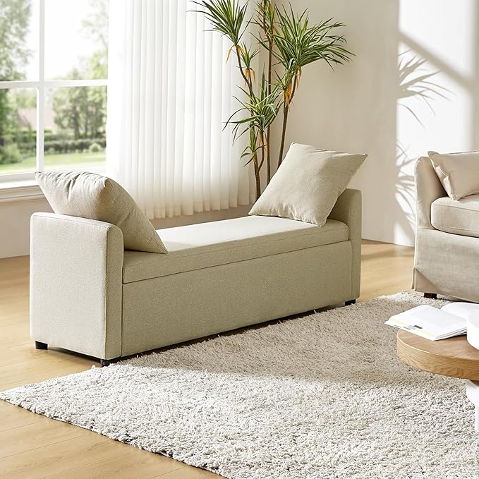 HULALA HOME Modern Storage Bench with Throw Pillows, 59.4" Extra Long Bedroom Ottoman Bench for End of Bed, Comfy Upholstered Footstool for Entryway Dining Room Living Room, Beige