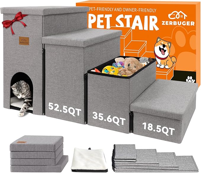 Dog Stairs 23" H, 4-Step Wider Dog Steps for High Beds Window, Folding Storage Pet Stairs Gift for Small/Medium/Large Old Dogs Cats, Ramp for Climbing Car Up to 200 lbs (Gray, with Condo)