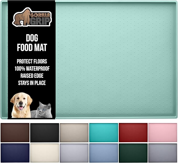GORILLA GRIP 100% Waterproof Raised Edge BPA Free Silicone Pet Feeding Mat, Dog Cat Food Mats Contain Spills Protects Floors, Placemats for Cats and Dogs Water Bowl, Pets Accessories 28x18 Mint