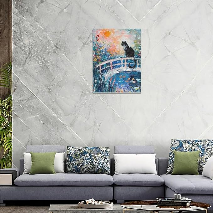 Quorin Black Cat Wall Art Water Lily Sunset Pictures Cat Wall Decor Impressionism Canvas Print Painting Artwork for Bathroom Living Room Bedroom 12"x16"
