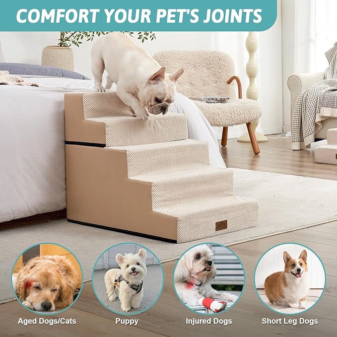 Dog Stairs for Small Dogs, 5 Tier Removable Wider Pet Stairs for Couch and Bed, 23.6" H Non-Slip Dog Steps for Puppies and Old Cats with Support Board, 29.5x19.7x23.6 inch, Beige