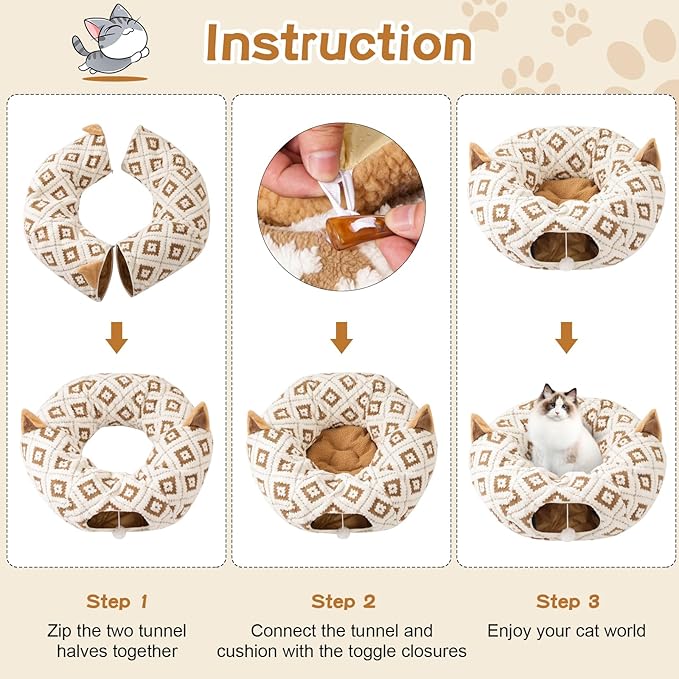 Cat Tunnel Bed for Indoor Cats, Cat Donut Tunnel with Washable Cushion, Peekaboo Cat Cave Toy, Multifunctional Playground Toys for Kittens, Rabbit, Brown Jacquard Pattern