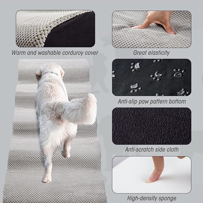 Dog Stairs&Steps for High Beds Up to 28'', 5-Step Dog Ramp for Small Medium Dogs with Washable Cover, Pet Steps for Cats to Get on Couch and Sofa, Durable Foam Ladders, 24.4" Tall, Grey
