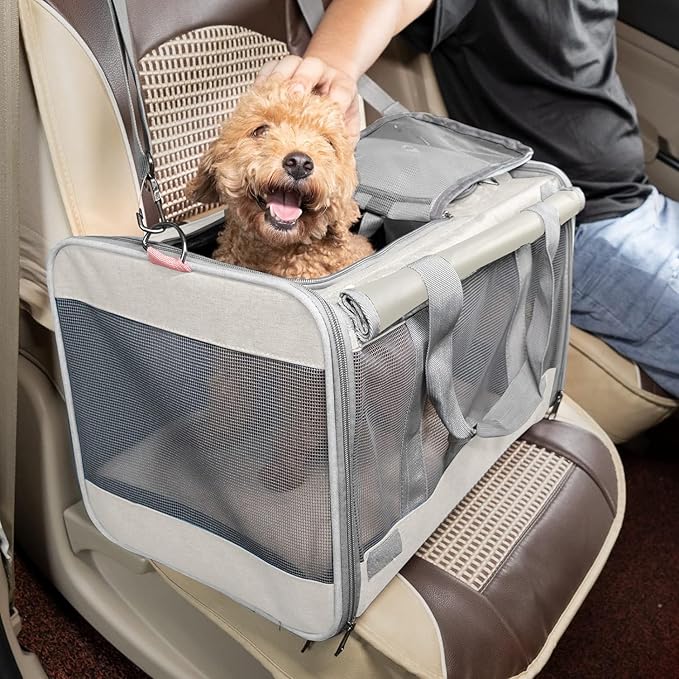 Pet Carrier for Large Cat Soft-Sided Animal Traveling Bag for Medium Cat up to 20lbs / Washable Small Dog Puppy 10 lbs Crate Case with Privacy Curtains for Home Outdoor Travel Beige White