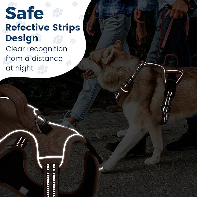 Funfox Dog Harness No Pull, Adjustable Pet Vest Harness, Super Soft Material with Vertical Handle Easy Control, Reflective Night Walking, 2 Leash Clips for Small Sized Dogs, Brown, S