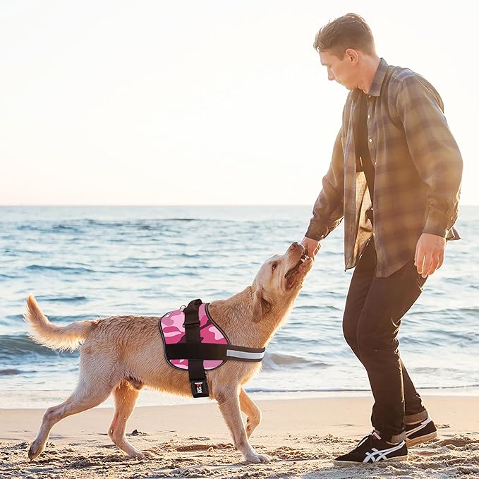 Dogline Dog Harness, Reflective No-Pull Adjustable Vest with Handle for Walking, Training, Breathable, No - Choke Harness for Small, Medium or Large Dogs Room for Patches Girth 15 to 18 in Pink Camo