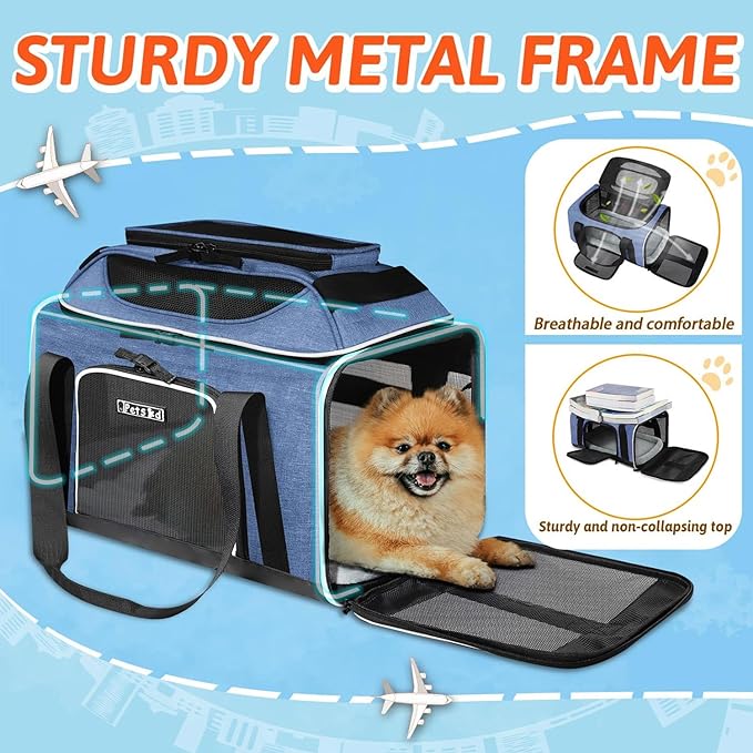 Petskd Top-Expandable Pet Carrier 18x11x11 Inches Delta American United Airline Approved, Soft-Sided Carrier for Small Cats and Dogs with Locking Safety Zippers and Anti-Scratch Mesh(Blue)
