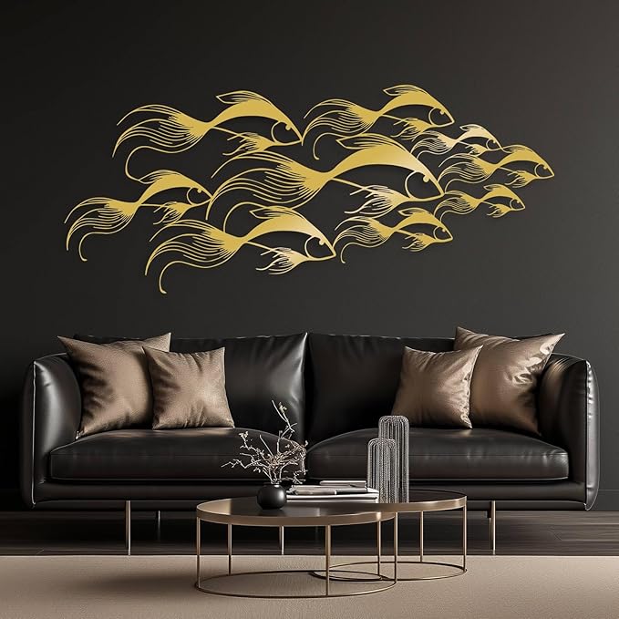 School of Fish Metal Wall Art, Metal Fish Wall Decor, Sea Life Wall Art, Large Nautical Wall Hanging, Modern Beach House Wall Decor, Ocean Themed Artwork for Bathroom (Black, 30"x12" | 76x32cm)