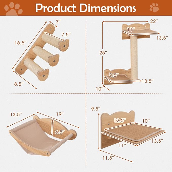 Tangkula Cat Wall Shelves, Wall Mounted 4pcs Kitten Furniture Set with Hammock, 2-Step Kitty Tree, Perch, Non-Slip Carpet Mat, Sisal Stairs & Scratching Posts, Wooden Cat Climber Steps (Natural)
