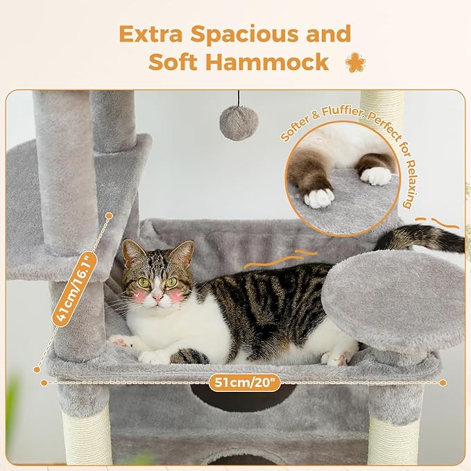 PAWZ Road Large 72 Inch Cat Tree and Tower for Indoor Cats - With Sisal-Covered Scratching Posts, Padded Perches, Condos, and Basket - Gray