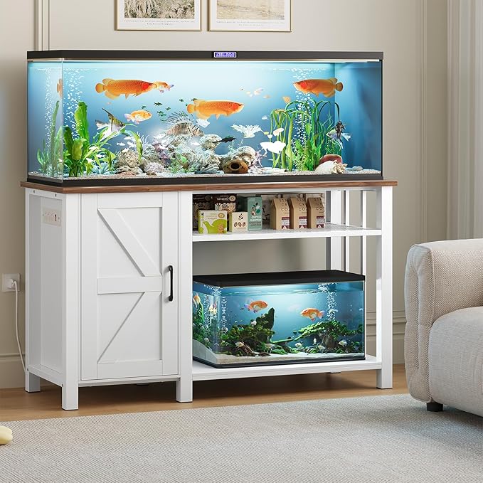 Aquarium Stand with Power Outlets, 55-75 Gallon Heavy Duty Fish Tank Stand with Cabinet Storage & Adjustable Shelf, for Fish Tank, Turtle Tank, Reptile Terrarium, 1000LBS Capacity, White