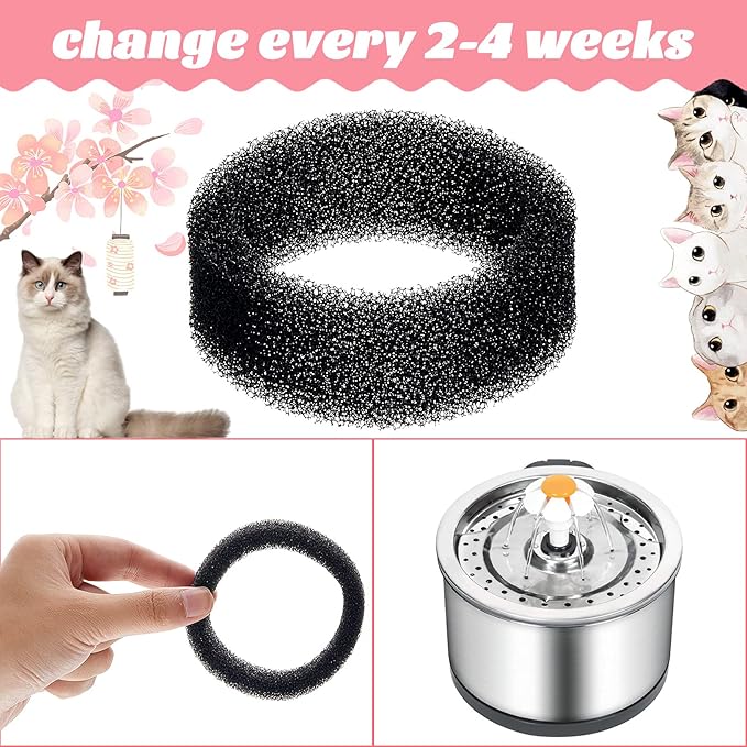 Tuanse 8 Pieces Cat Pet Water Fountain Filters Replacement Round Filter Foam for Pet Cat Drink Water Sponge Filter Replacement for 2. 5 L/84 oz 2. 2 L/ 74 oz Stainless Steel Dog Fountain