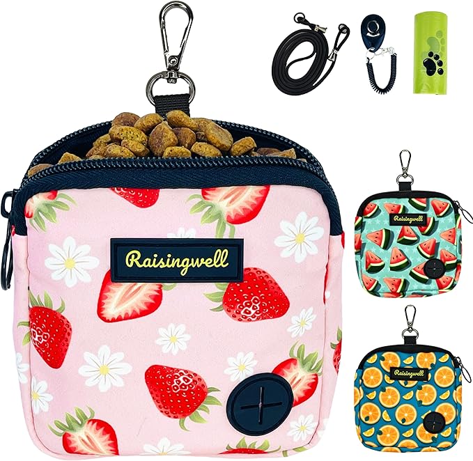 Dog Treat Pouch for Pet Walking and Training with Clicker Poop Bags Small Fanny Zipper Pack Holder for Puppy Snack Dispenser Kit for Leash and Outdoor Use (Strawberry)