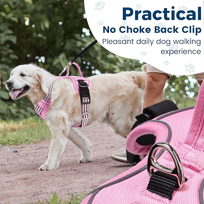 Funfox Dog Harness No Pull, Adjustable Pet Vest Harness, Super Soft Material with Vertical Handle Easy Control, Reflective Night Walking, 2 Leash Clips for Small Sized Dogs, Pink, S